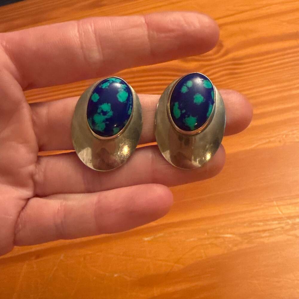 Vintage Mexico Sterling Silver 925 Oval Azurite Malachite Earrings